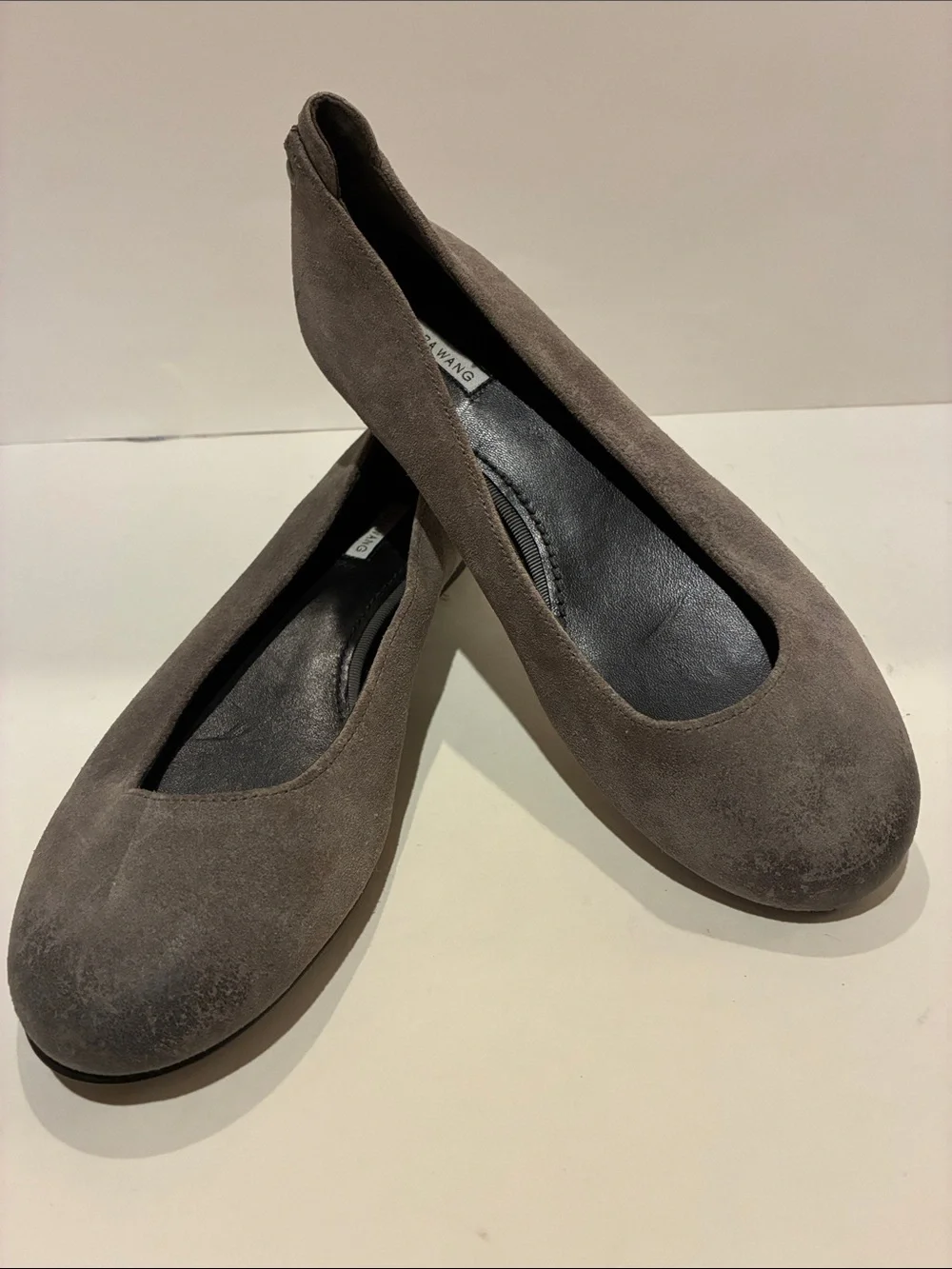 Vera Wang grey brushed suede ballet flats. Back zip. Sz 6.